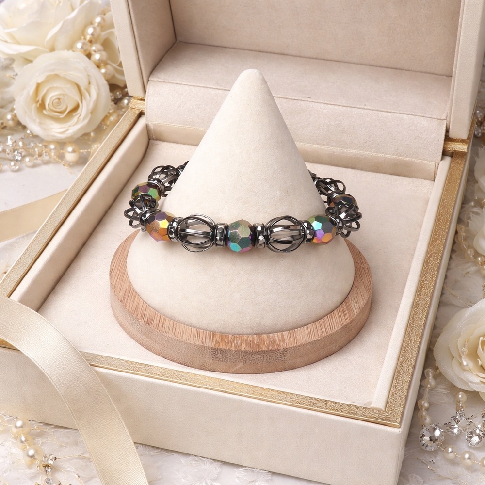 Handmade Gunmetal Stretch Bracelet - Iridescent Beads, Elegant Boho Jewelry Gift